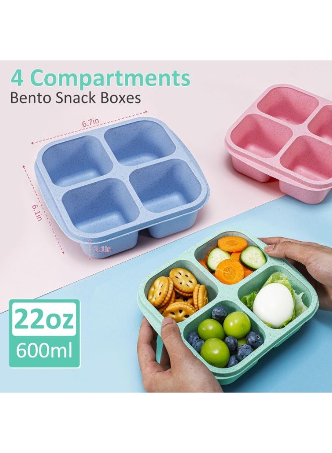 4 Pack Bento Snack Boxes Lunchable Containers for Kids & Adults, Wheat Straw 4-Compartment Reusable Food Storage Containers for Snacks & Small Meal (Multicolor & Clear Lids) - Image 3